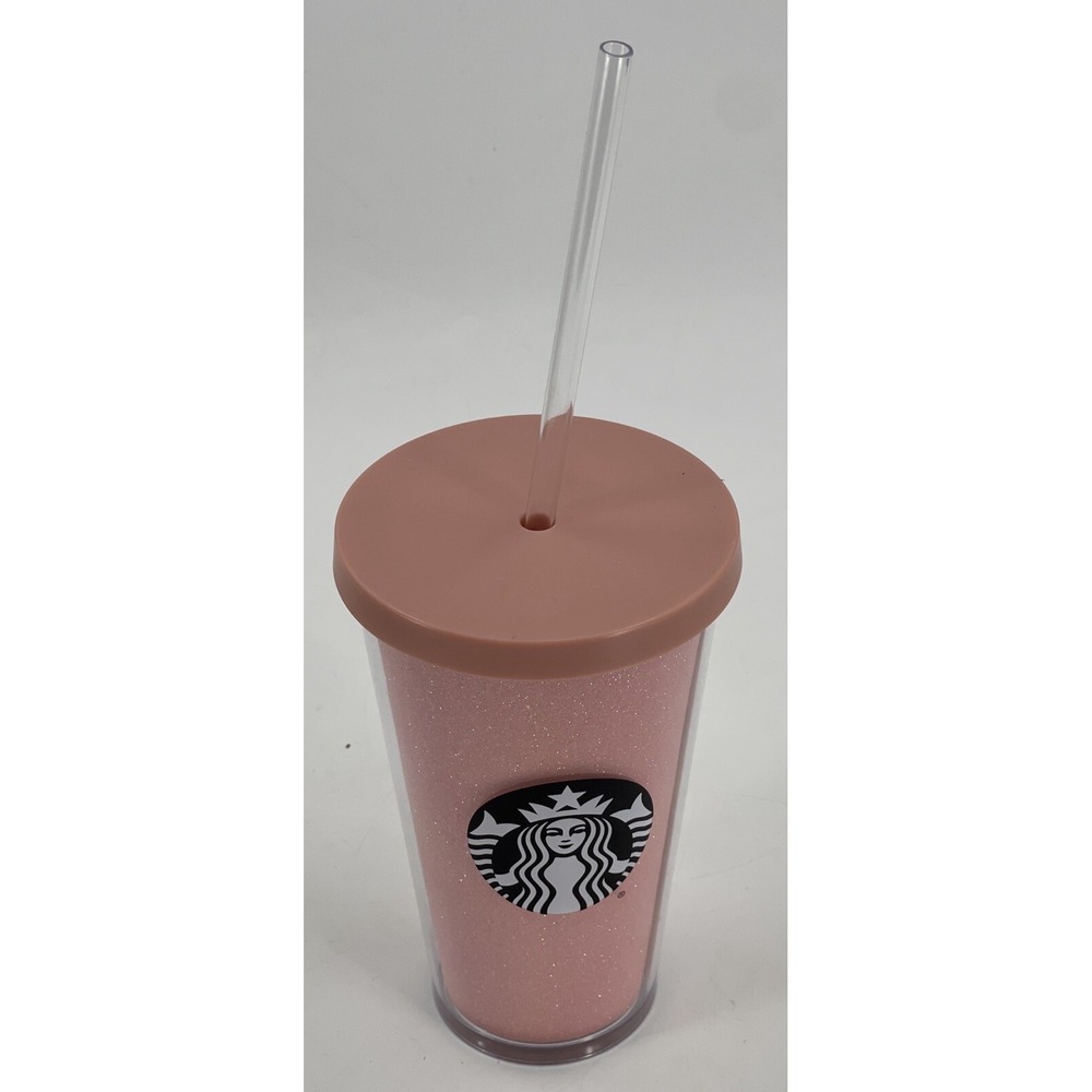 Starbucks Cold Cup Acrylic Tumbler 2017 Pink Glitter 16 Oz‎  Clear Straw New NWT